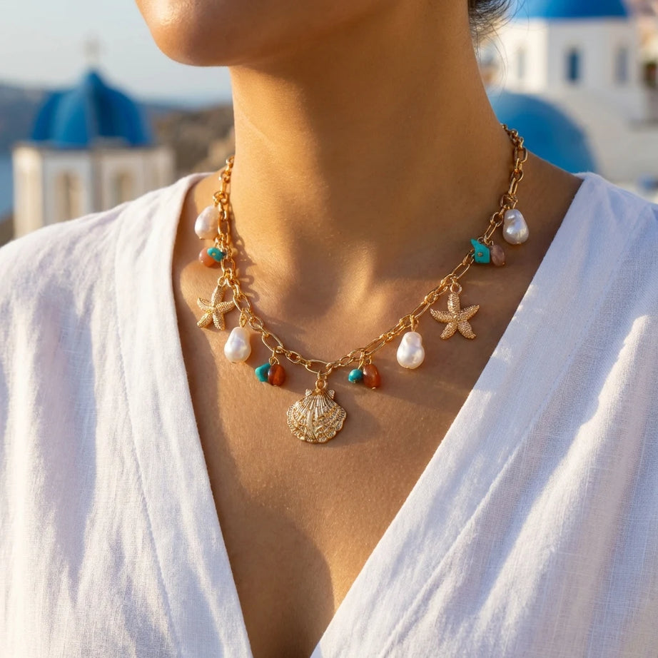 Starfish Shell Pearl Tassel Choker Necklace Jewelry