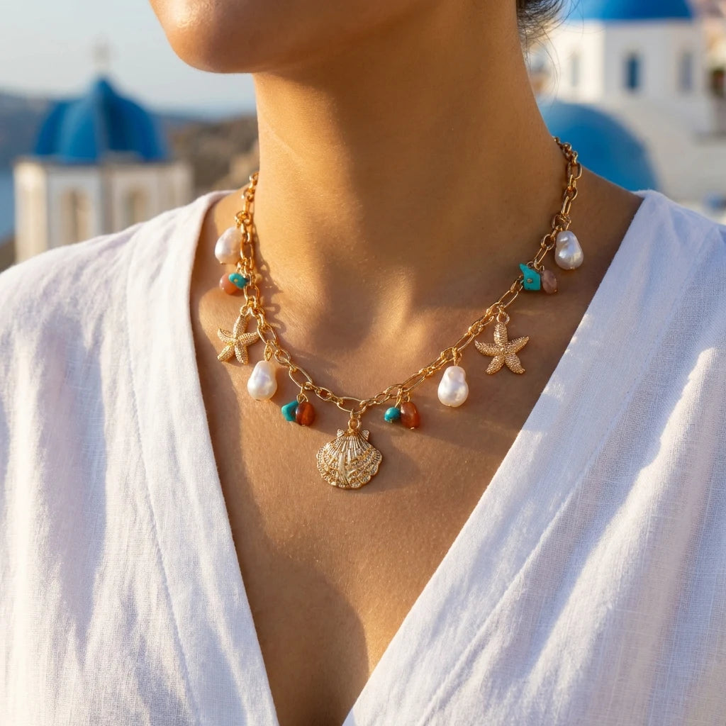 Starfish Shell Pearl Tassel Choker Necklace Jewelry
