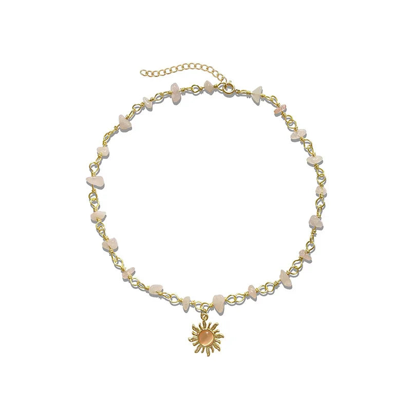 Natural Stone Boho Hippie Sun Necklace for Women Teen Girls, 18K Gold Palted Crystal Choker, Birthday Christmas Jewelry Gifts