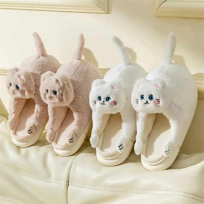 2022 New Cute Cat Slippers Women Winter Home Furry Slippers Indoor Floor Kawaii Floor Shoes Non-slip Fluffy Winter Warm Slippers - Charlie Dolly