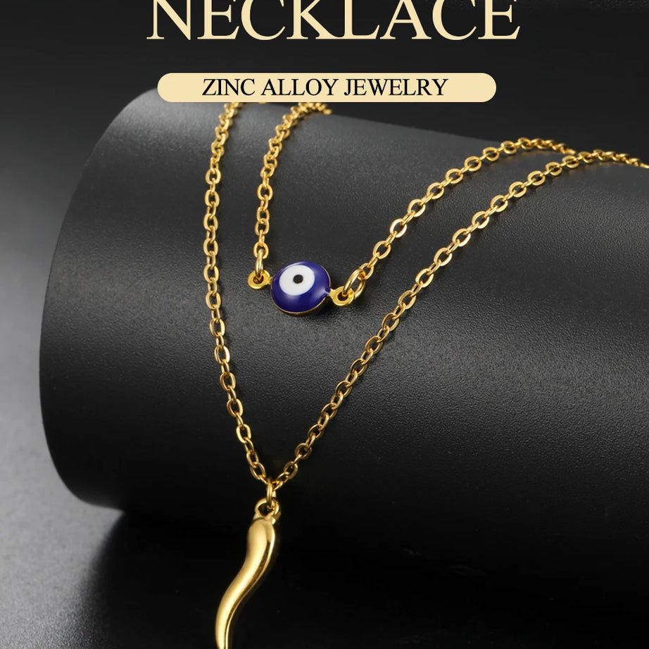 Italian Horn & Evil Eye Double Layer Necklace, Spiritual Protection Amulet