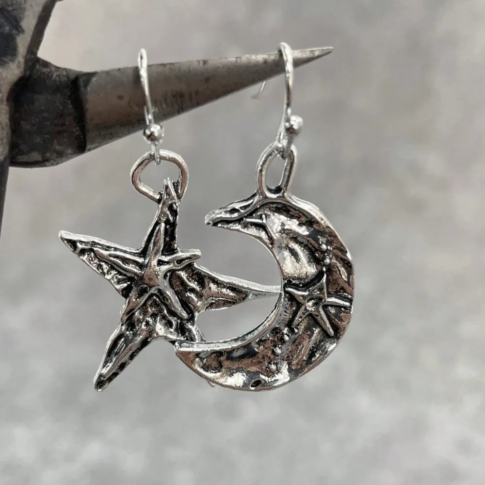 Retro Boho Moon And Star Silvery Dangle Earrings For Women Unique Daily Party Jewelry Birthday Anniversary Mother's Day Gift