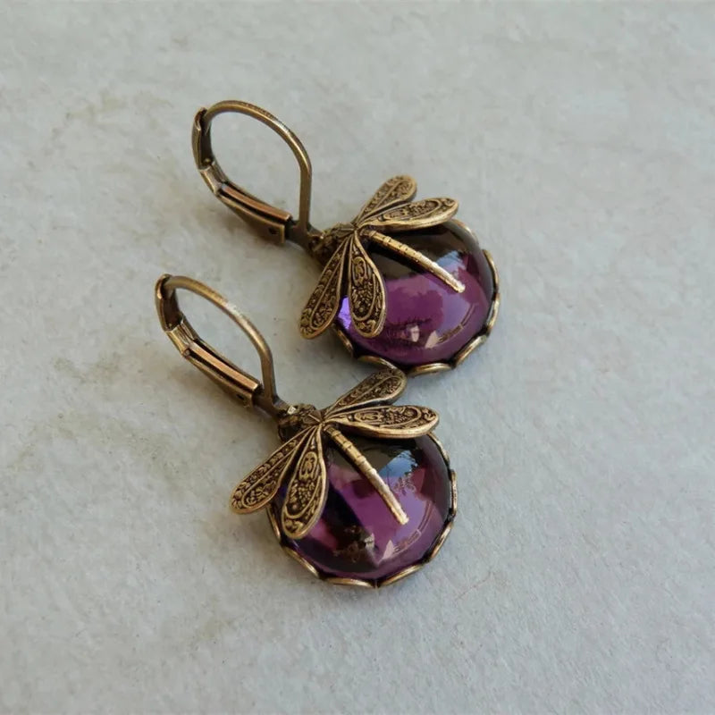 New Boho Vintage Crystal Dragonfly Earrings for Women Fashion Metal Carving Pattern Inlaid Moonstone Animal Earring Jewelry Gift