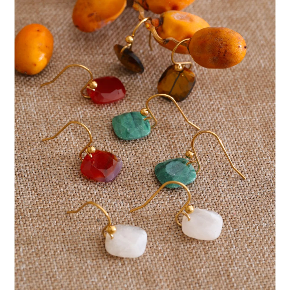 Yhpup Stainless Steel Square Drop Charm Earrings Natural Tiger Agate Shell France Exquisite Jewelry 14K Golden PVD Plated Gift