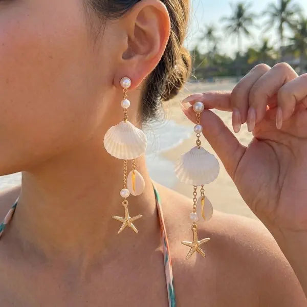 Colorful Irregular Stone Hoop Earrings for Women Y2K Boho Starfish Shell Dangle Earrings Summer Beach Vacation Festival Jewelry