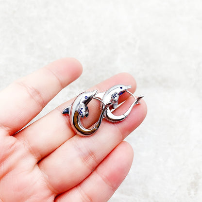 Hoop Earrings Dolphin Cute Fine Jewerly For Women Lucky Gift In 925 Sterling Silver