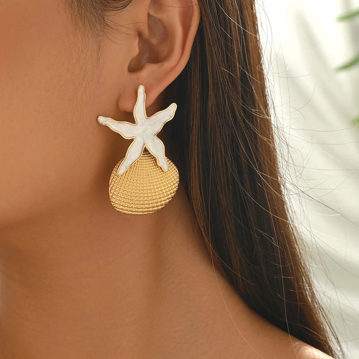 Summer Beach Irregular Enamel Starfish Shell Drop Earrings Boho Gold Tone Jewelry for Women