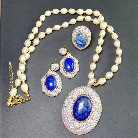 Unique Natural Lapis lazuli Gemstone Jewelry Set for Women AB Rhinestone Freshwater Pearl Quartz Necklace Rings Lady Dress Acces - Charlie Dolly