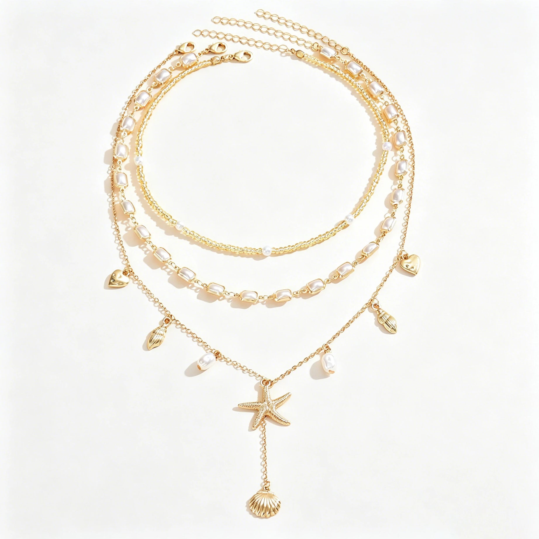 Cowrie Shell and Pearl Layered Boho Necklace Set (3 Pieces)