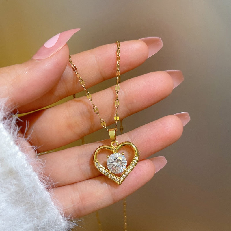Artificial Gems Heart Pendant Necklace for women 2022 Golden Stainless Steel Lips Neck Chain Female Necklaces Jewelry for Girl - Charlie Dolly