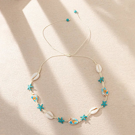 Cowrie Shell Boho Choker with Blue Starfish Beads