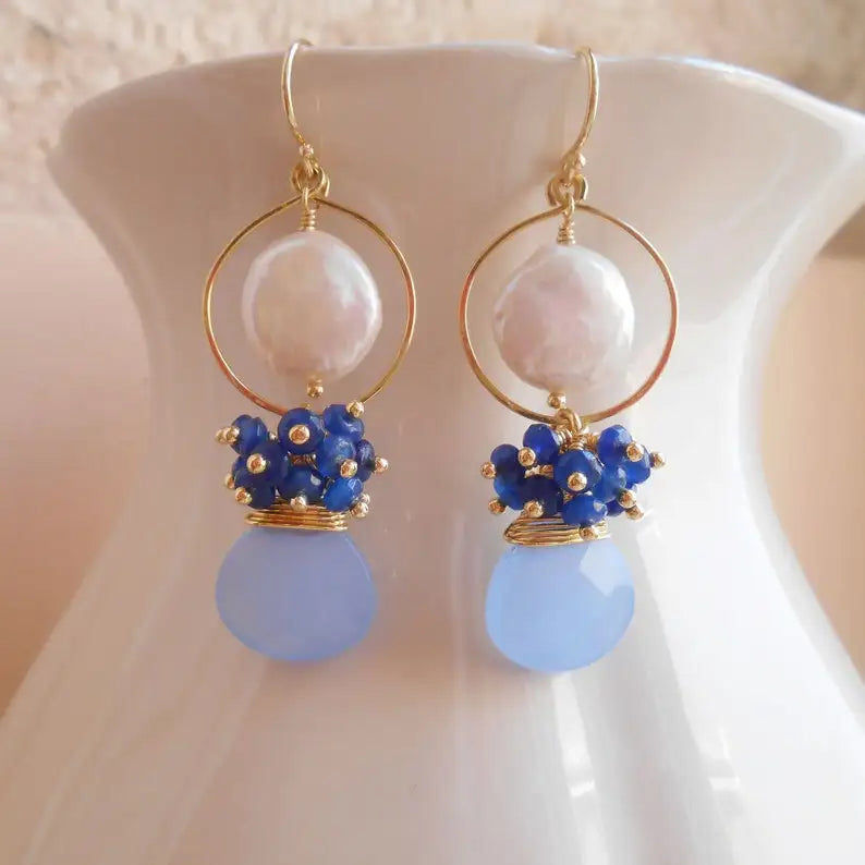 Constance gemstone cluster chandelier earrings blue white lapis lazuli coin pearl chalcedony gold fill gift for her June