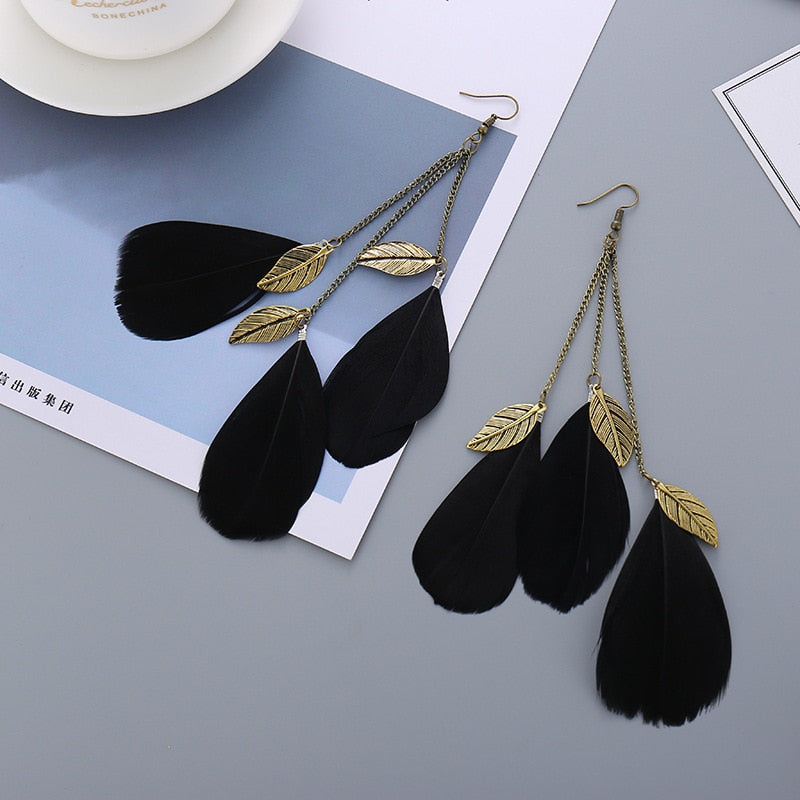 Fashion Earrings Bohemian Ethnic Style Leaf Earrings Jewelry Retro Long Tassel Colorful Feather Earrings Jewelry Gift - Charlie Dolly