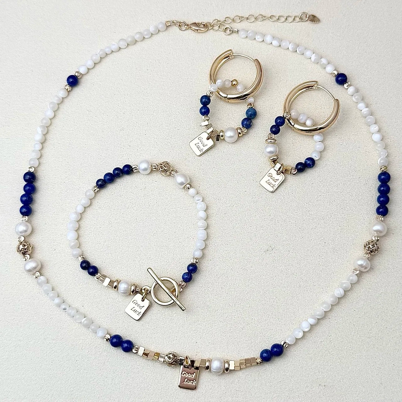 Lapis Lazuli Freshwater Pearl Metal Combined Jewelry Set Necklace Bracelet Earrings 3Piece Set Minimalist Luxury Niche High End