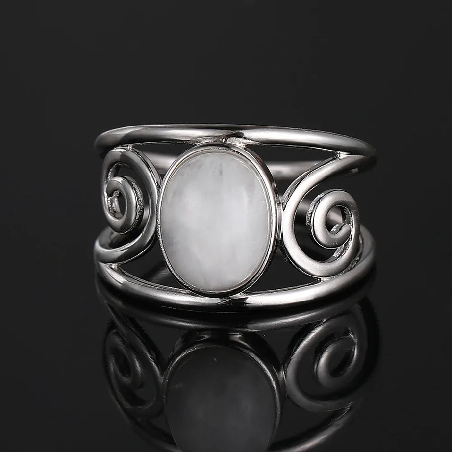Vintage Spiral Swirl Ring Oval Natural Stone Inlay Open Band Minimalist Boho Statement Ring for Women Fashion Jewelry Wholesale - Charlie Dolly