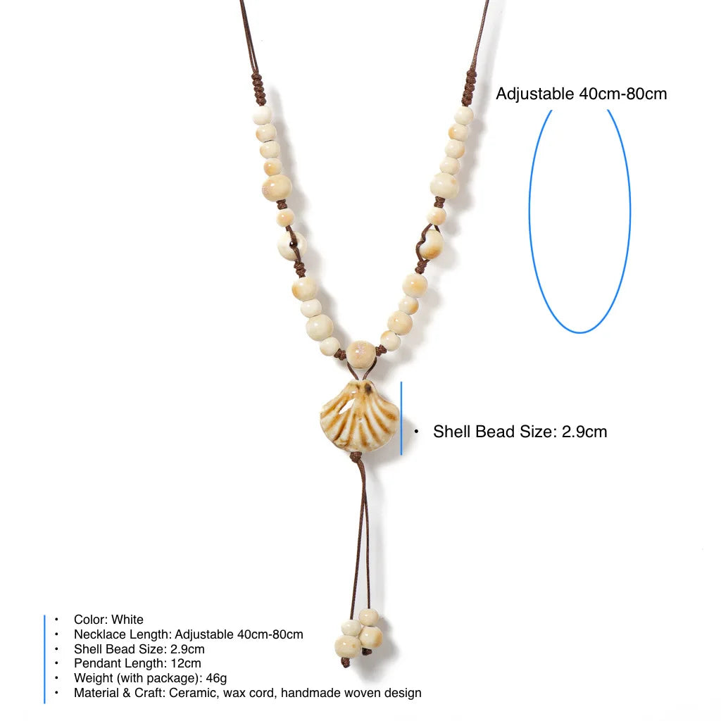 Handmade Ceramic Shell Necklace for Women Adjustable Boho Vintage Pendant Natural Beach Jewelry