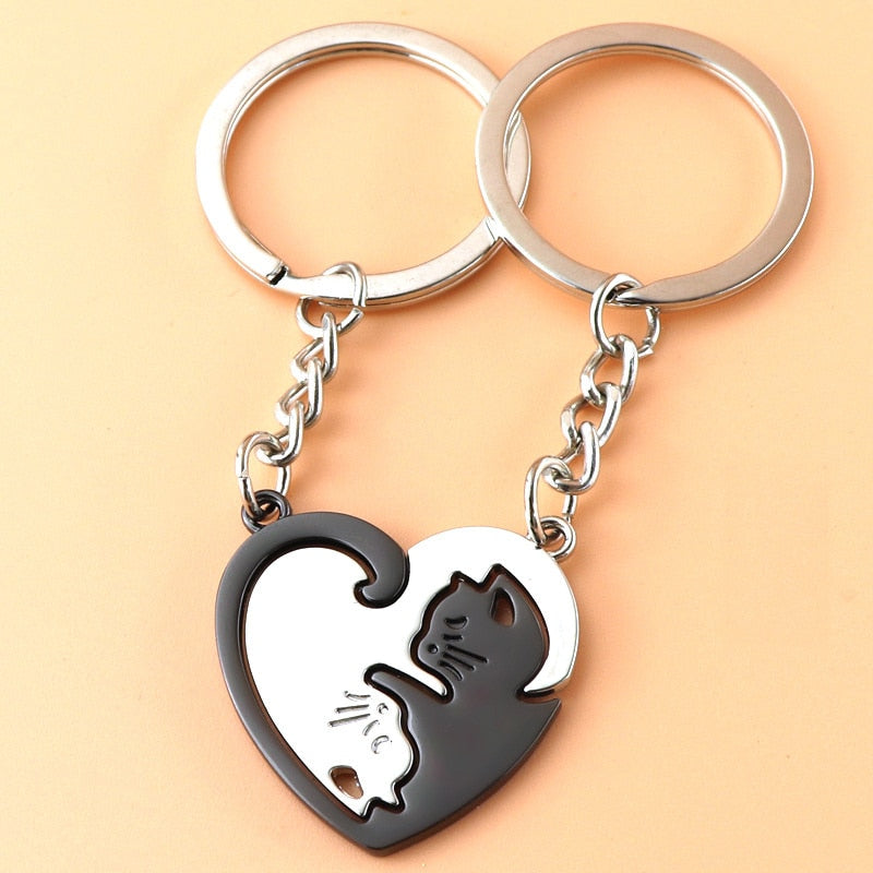 2pcs Cute Black Cat Keychain Patchwork Heart Round Couple Lovers Keyring Stainless Steel Backpack Car Key Ring Hanging Jewelry - Charlie Dolly