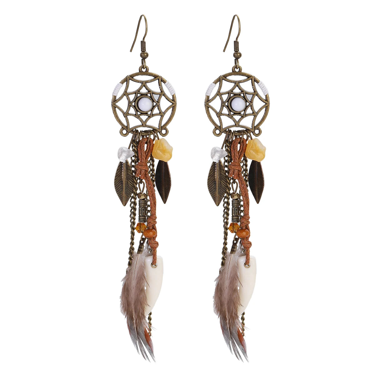 Round Retro Women's Dream Catcher Handmade Long Tassel Feather Earrings Female Leaves Pendant Earring Kolczyki Boho Jewelry