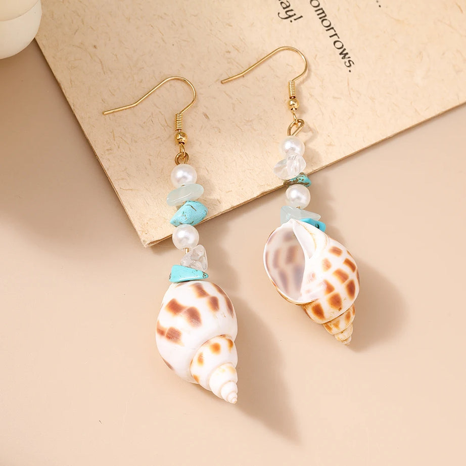 Conch and Starfish Shell Drop Earrings
