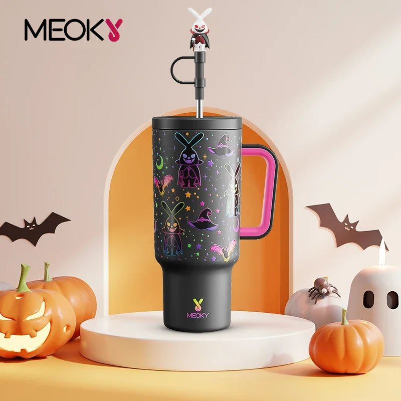 Meoky 40oz Tumbler Handle with Straw Cute Stopper Stainless Steel Insulation Coffee Cup Luminous Vacuum Car Mug Halloween Gifts - Charlie Dolly
