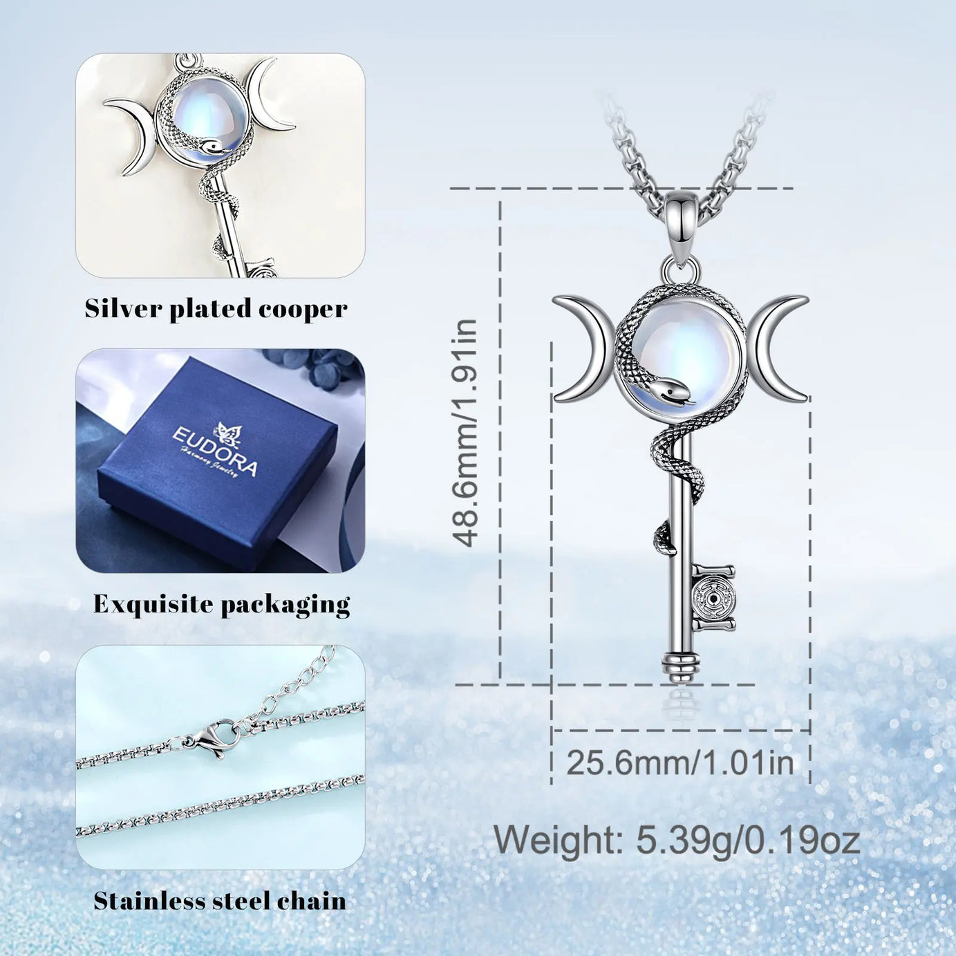 Hecate Key & Triple Moon Goddess Pendant with Moonstone, Sacred Witch Amulet