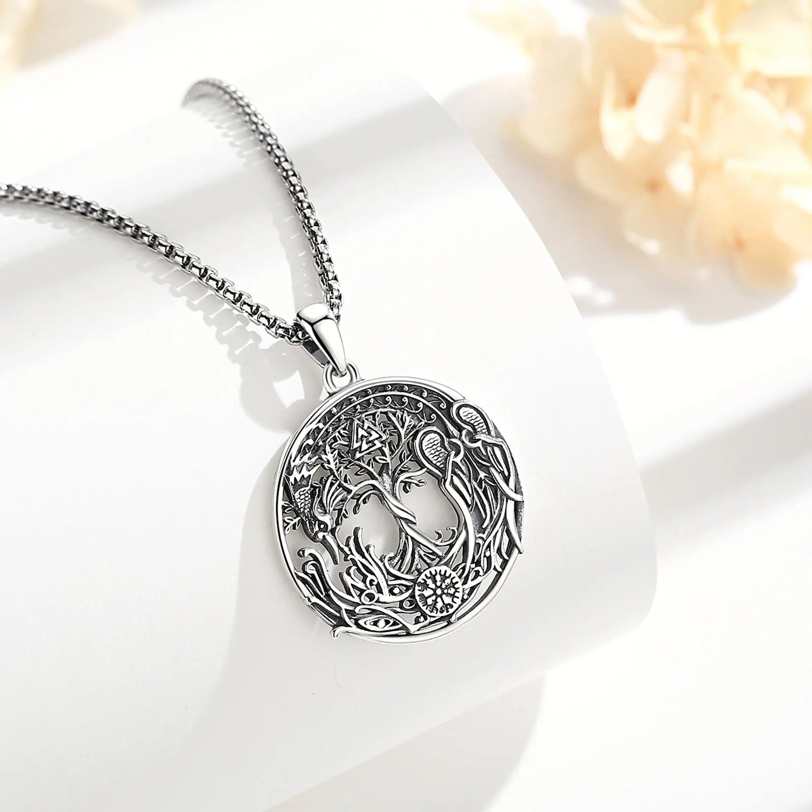 Eudora 925 Sterling Silver Phoenix Necklace Vintage Compass Tree of Life Pendant Viking Amulet Jewelry Party Gift for Women Men