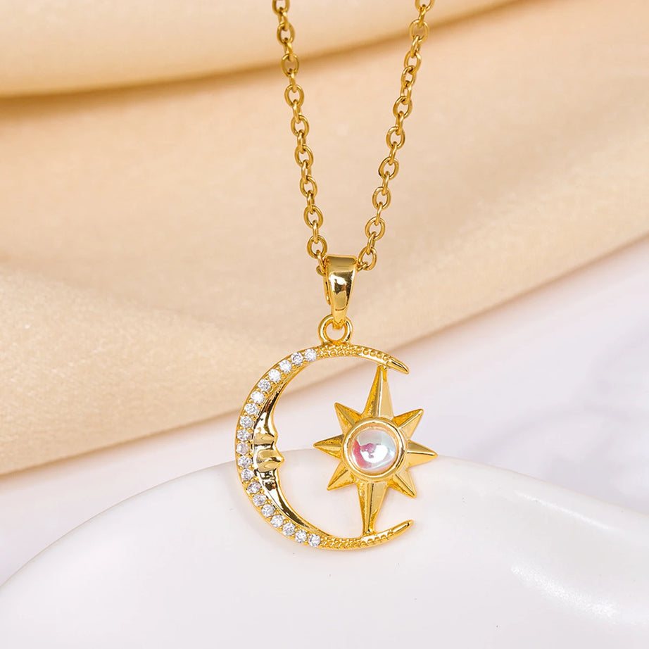 Stainless Steel Moon & Star Zircon Pendant Necklace, Delicate Celestial Chain