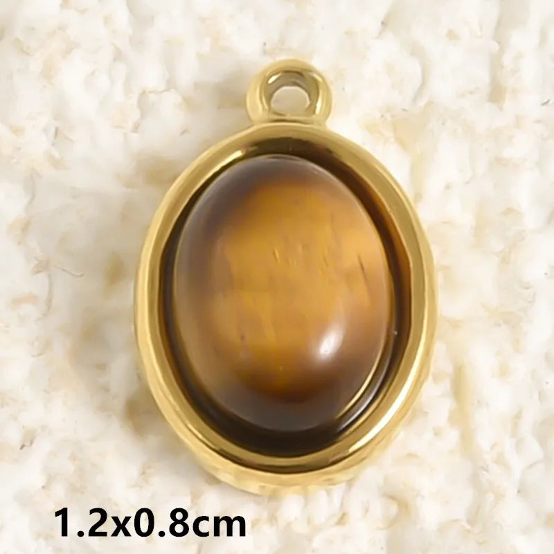 5pcs Real Natural Stone Tiger Eye Charm Sun Eye Oval Boho Pendant Gold Color Stainless Steel Pendants For Jewelry Making Finding