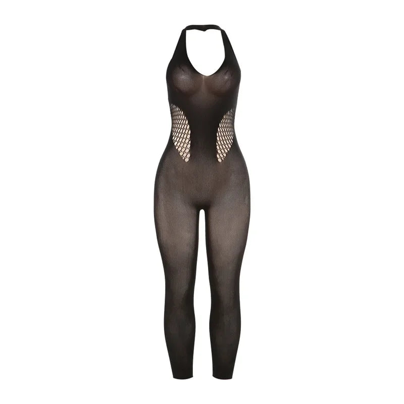 High Stretch Hollow Out  Knitted Skinny Yoga Jumpsuits Women Sexy See Through V Neck Halter Backless Slim Club Overalls Lingerie - Charlie Dolly