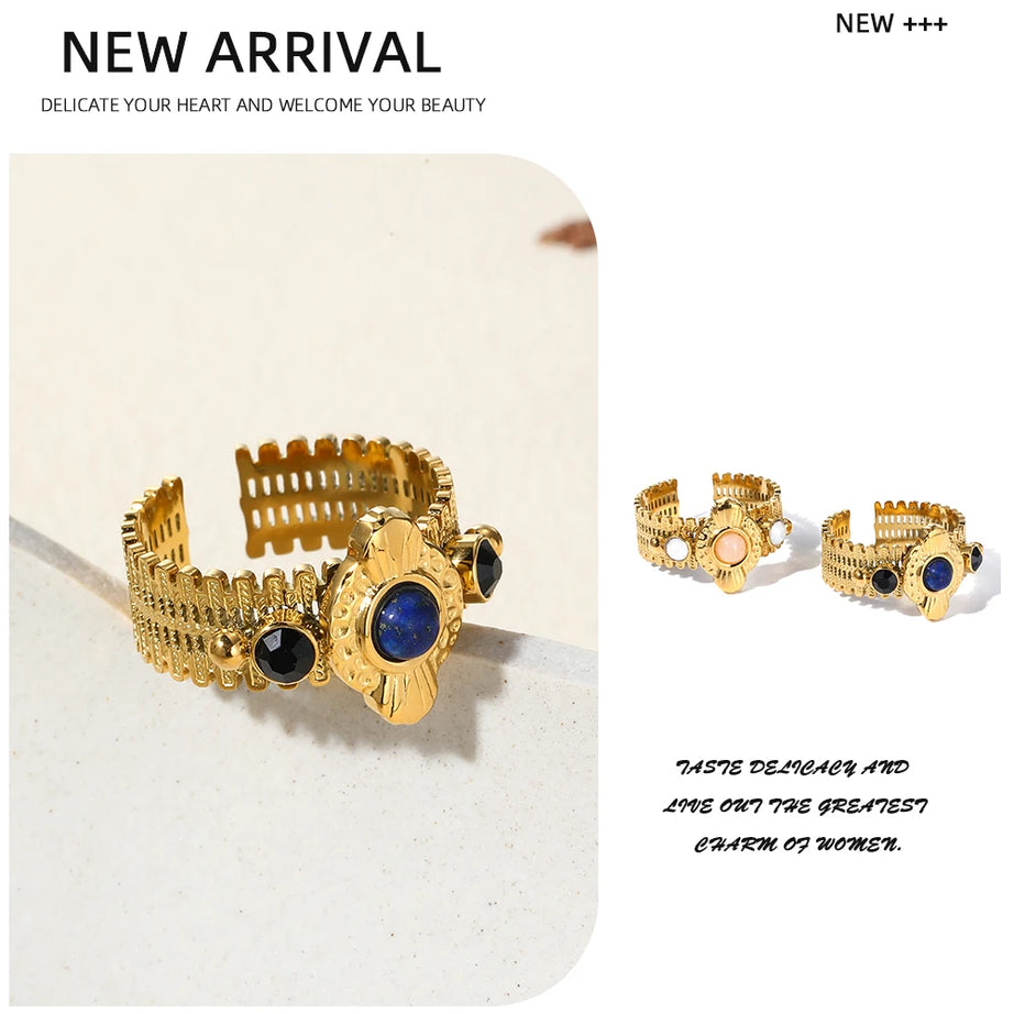 YACHAN Boho Vintage Stainless Steel Rings for Women Pink Natural Stone Lazurite 18K Gold Plated Aesthetic Trend Jewelry - Charlie Dolly