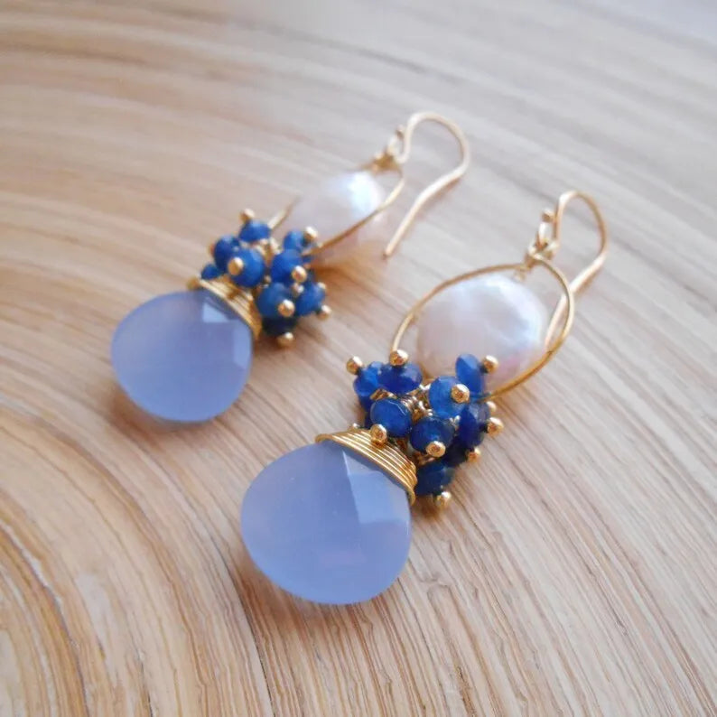 Constance gemstone cluster chandelier earrings blue white lapis lazuli coin pearl chalcedony gold fill gift for her June