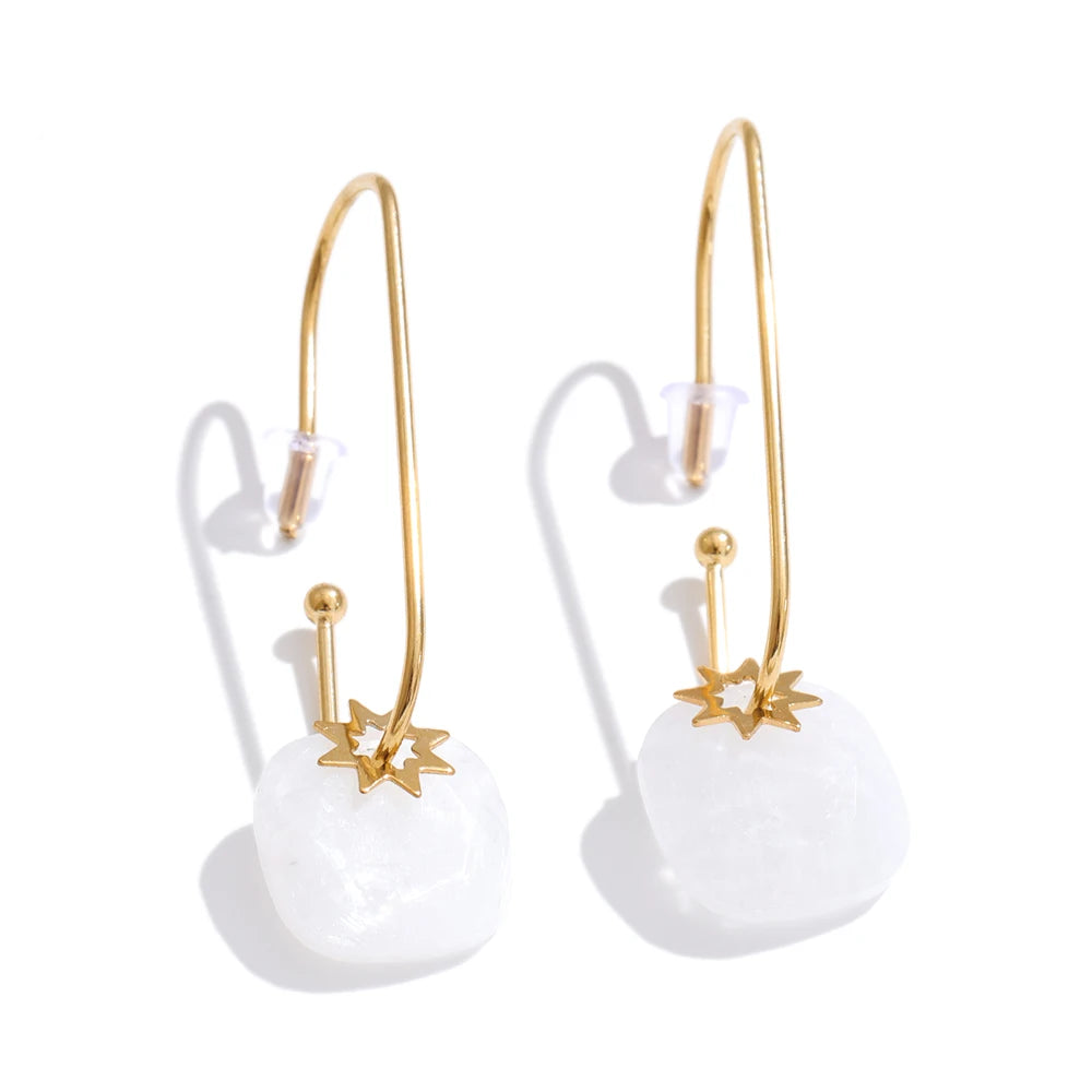Yhpup Stainless Steel Natural Tiger Agate Stone Square Drop Earrings 14K Gold PVD Plated Chic French Fashion Waterproof Jewelry