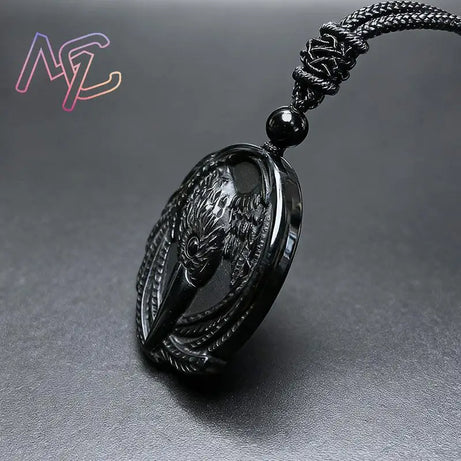 Real Obsidian Crow Pendant Necklace, Natural Gemstone Amulet Talisman