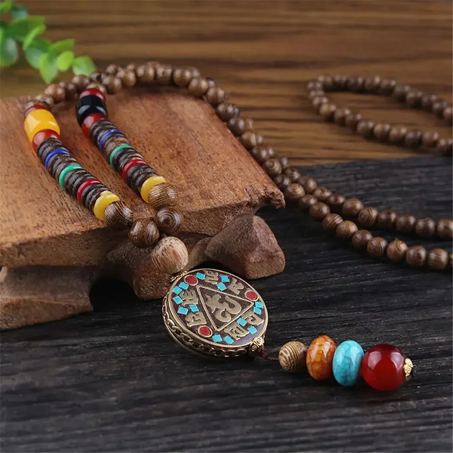 Nepal Wood Bead Mala Pendant Necklace Jewelry