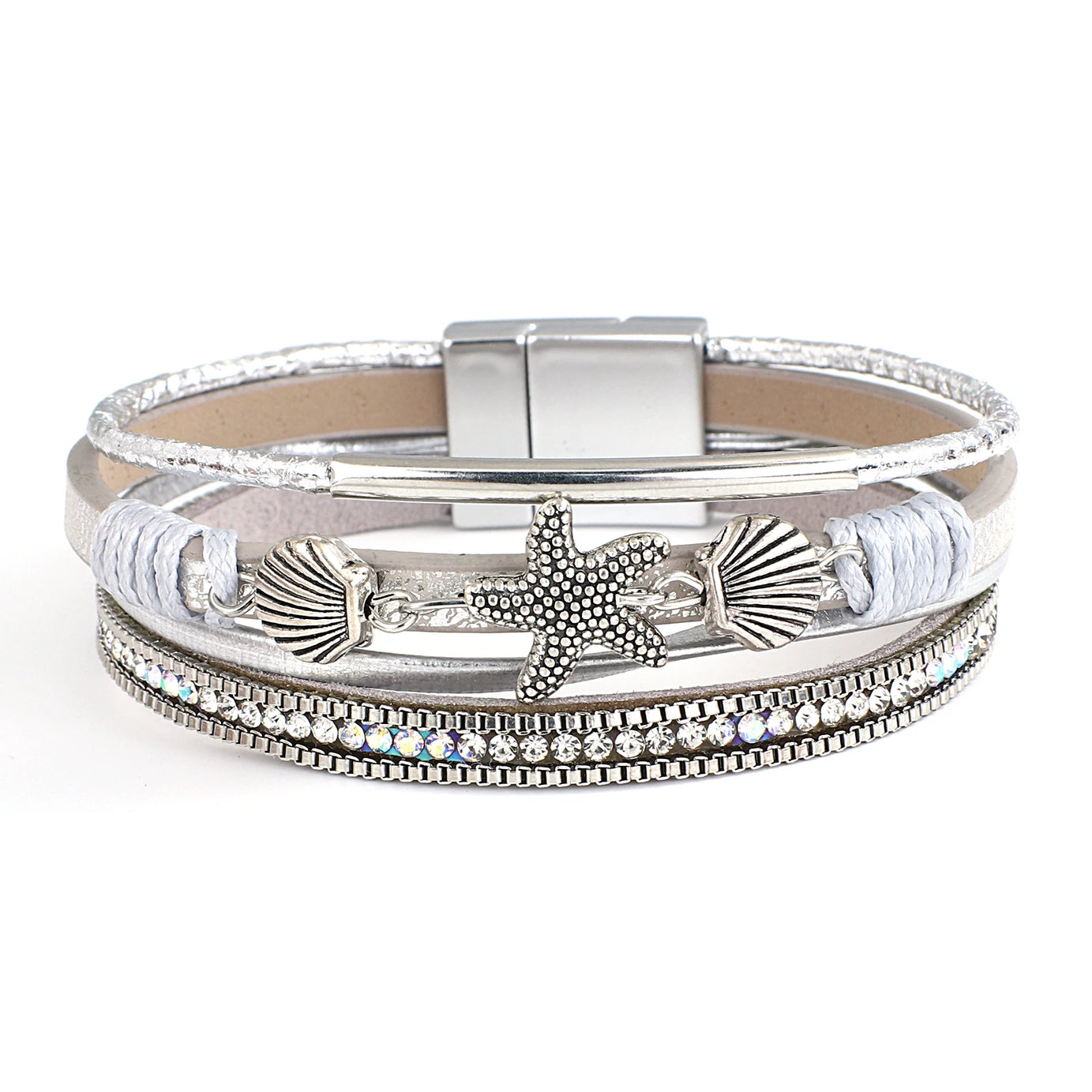 Starfish Shell and Crystal Bead Leather Boho Bracelet