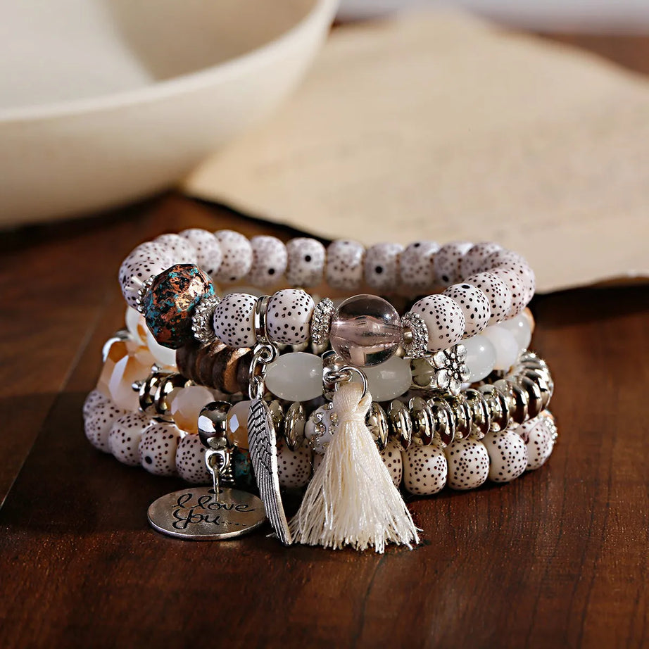 New Bohemian White Beads Tassel Bracelets Set Women Natural Lava Stone Alloy Wing Pendant Charm Bangle Boho Jewelry - Charlie Dolly