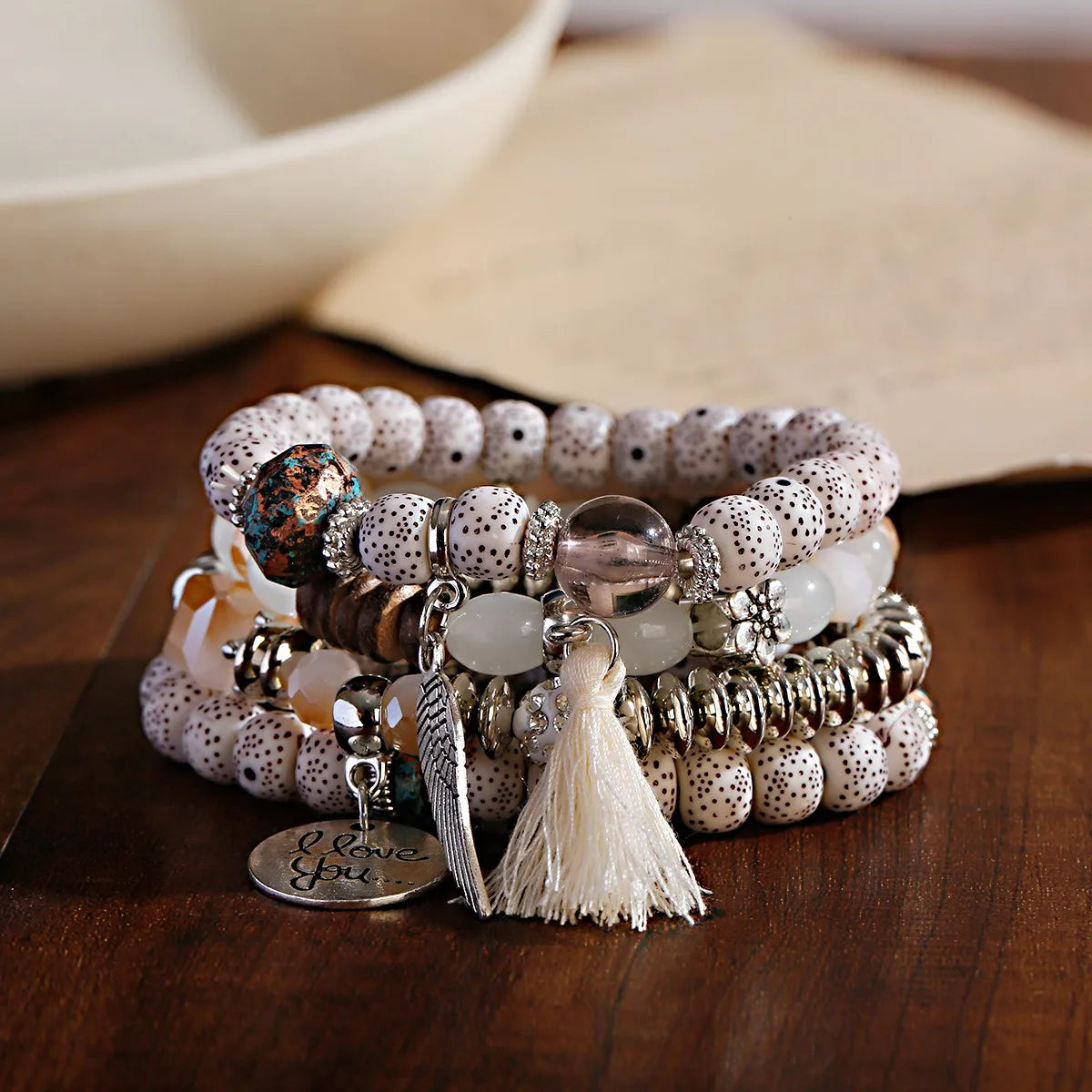 New Bohemian White Beads Tassel Bracelets Set Women Natural Lava Stone Alloy Wing Pendant Charm Bangle Boho Jewelry