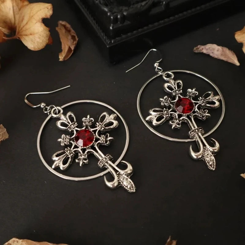Cross Crystal Big Hoop Earrings, Gothic Cross Hoop Earrings, Unique, Gothic, Vikings, Witchy, Tarot, Viking, Boho, Witchy