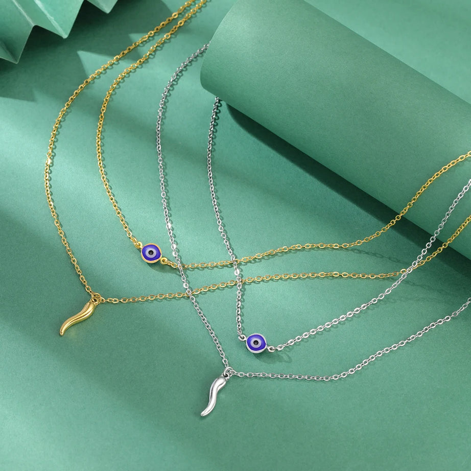 Italian Horn & Evil Eye Double Layer Necklace, Spiritual Protection Amulet