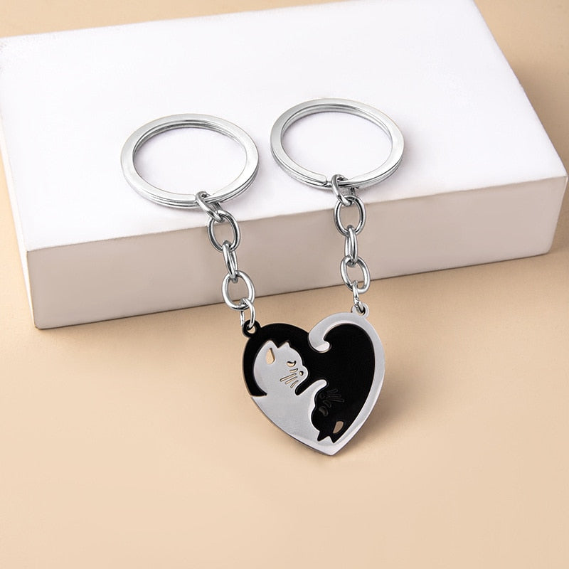 2pcs Cute Black Cat Keychain Patchwork Heart Round Couple Lovers Keyring Stainless Steel Backpack Car Key Ring Hanging Jewelry - Charlie Dolly