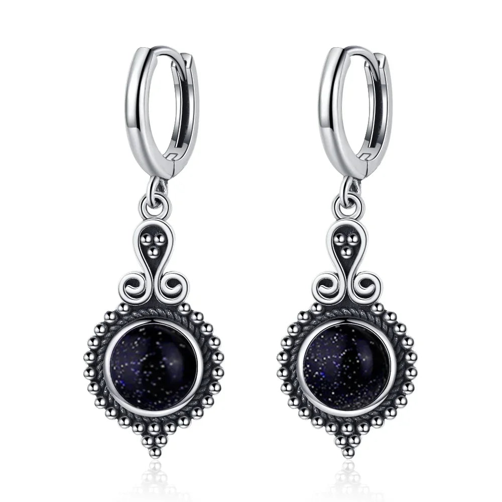 Natural Stone Sun Flower Hoop Earrings for Women, Vintage Antique Silver Turquoise Amethyst Labradorite Dangle Earring Wholesale