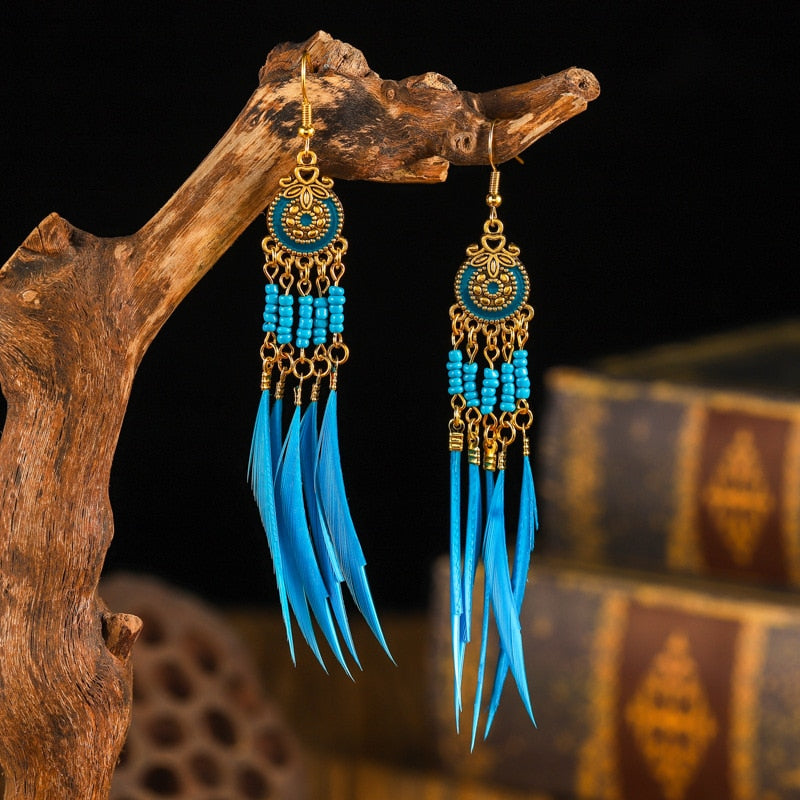 Vintage Bohemian Ethnic Style Earrings Long Rice Bead Tassel Earrings FOR WOMEN Alloy Dripping Oil Long Tassel Earrings - Charlie Dolly
