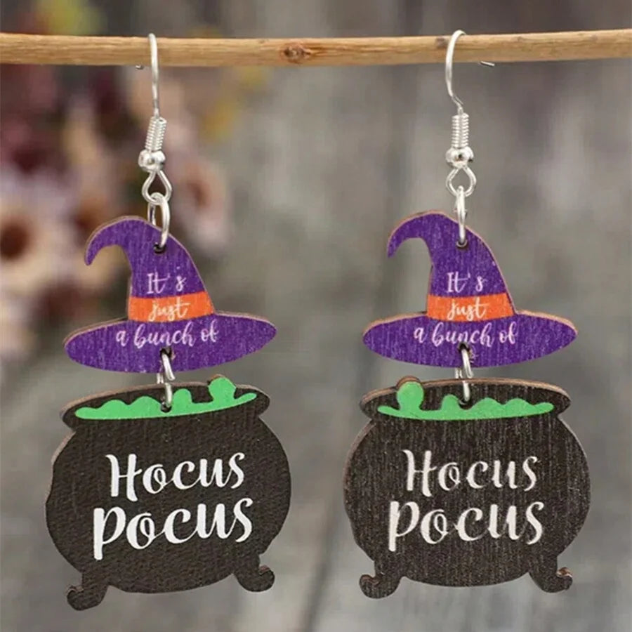 Cute Wooden Hocus Pocus Earrings For Women Cartoon Halloween Silver Color Hook Earings Purple Magic Hat Shape Chic Jewelry - Charlie Dolly