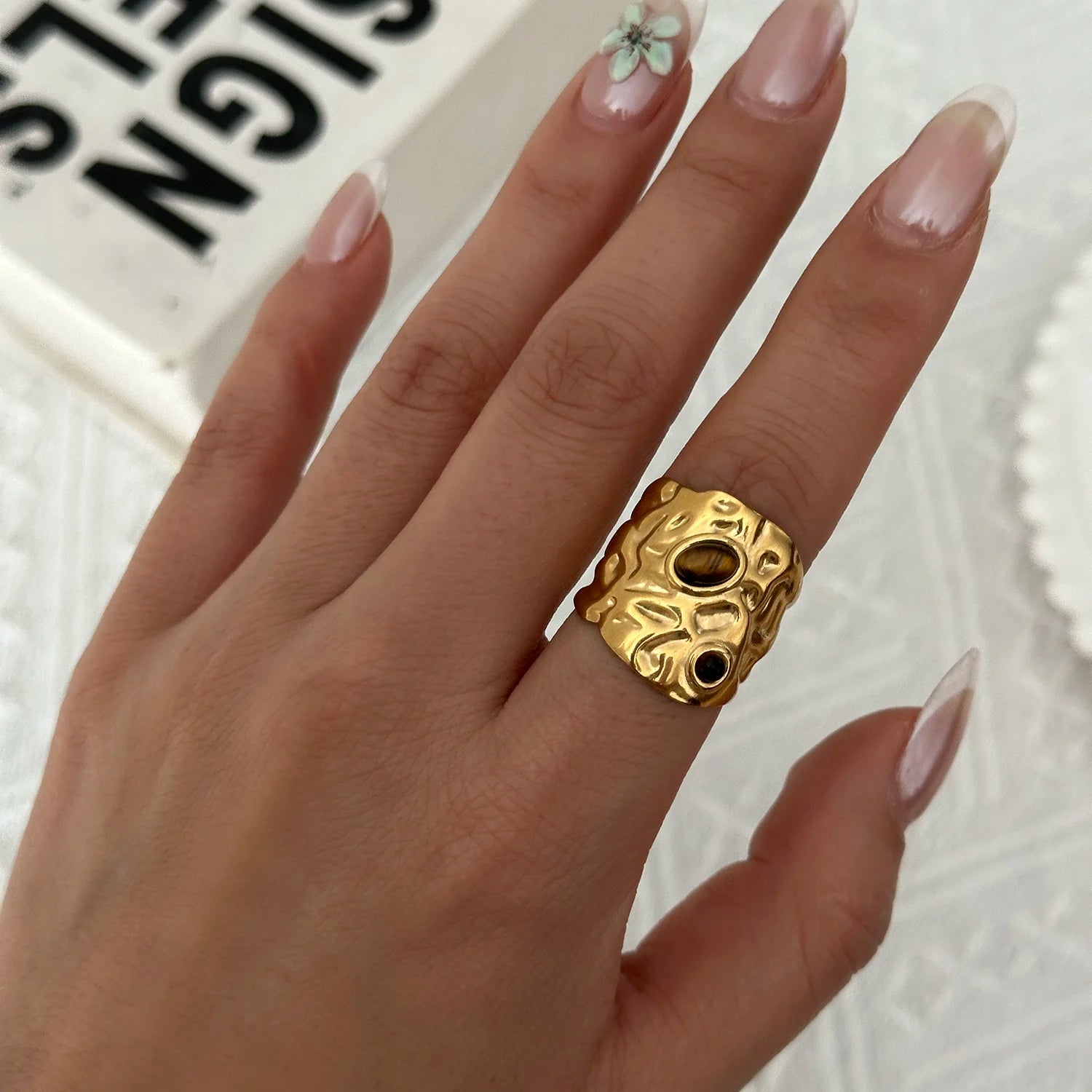 Vintage Boho Turquoise Tiger Eye Stone Rings For Women Stainless Steel Natural Stone Open Finger Ring Party Aesthetic Jewelry