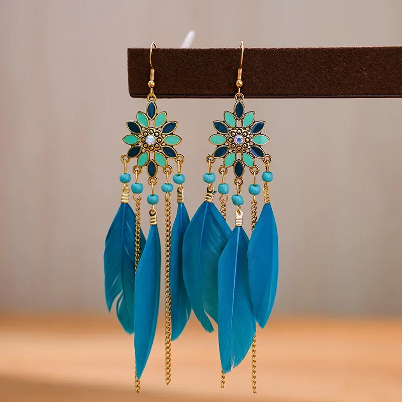 Boho Ethnic Colorful Feather Earring For Women Bohemian Tassel Chain Drop Dangle Earring Girls Elegant Party Jewelry