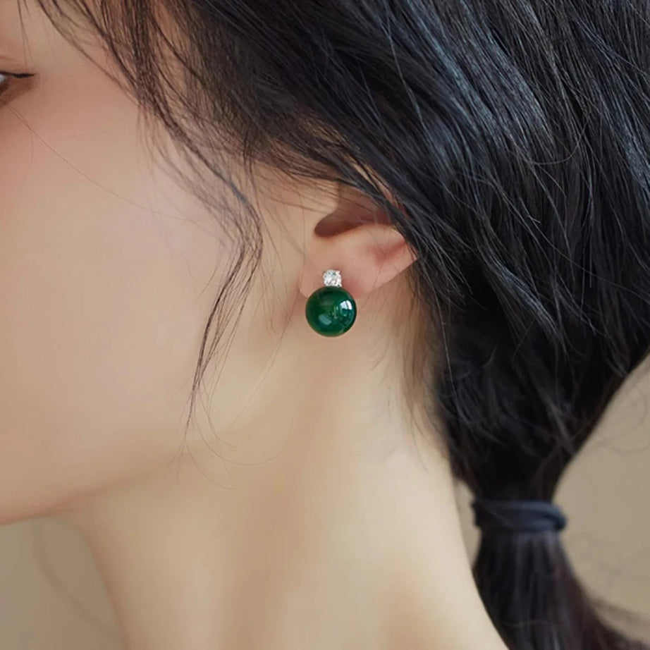 Green Jade & CZ Drop Earrings, Luxury Natural Stone Office Boho Jewelry