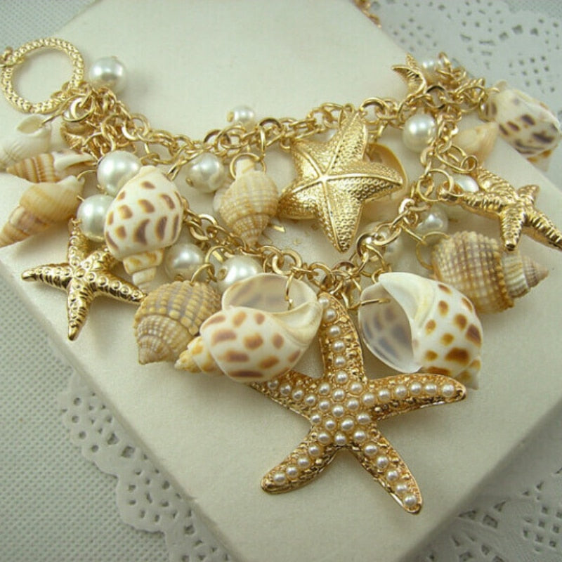 Conch Shell Starfish Simulated Pearl Necklace Sweet Fashion Sea Star Starfish Plated Multitiered Necklaces &amp; Pendants For Women - Charlie Dolly