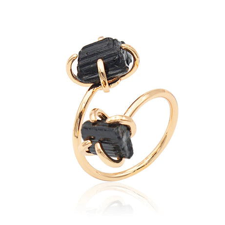 Irregular Black Tourmaline Open Ring for Women Girls Claw Setting Gold-color Boho Rough Natural Stone Finger Jewelry Resizable - Charlie Dolly