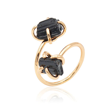 Irregular Black Tourmaline Open Ring for Women Girls Claw Setting Gold-color Boho Rough Natural Stone Finger Jewelry Resizable