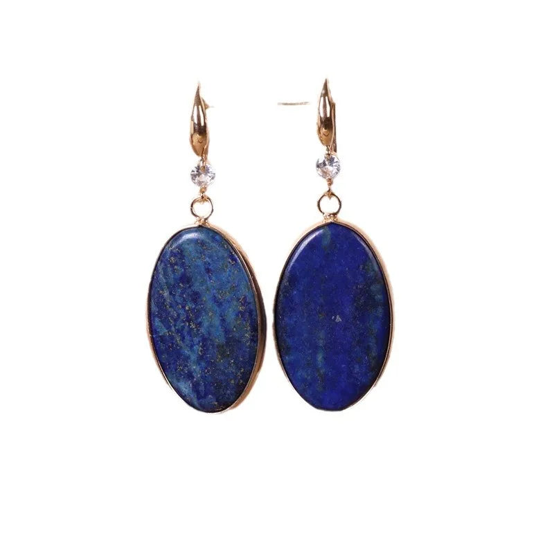 Fashion Personalized Lapis Lazuli Oval Hanging Earrings for Women Retro Long Ethnic Style Earrings Wholesale Jewelry Accessories